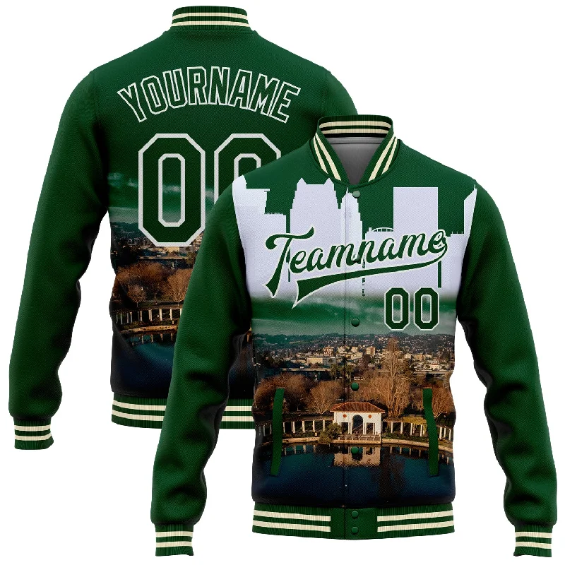 Oversized And Relaxed Unisex Fashion Exclusive Sale Custom Green White Lake Merritt Oakland California City Edition 3D Bomber Full-Snap Varsity Letterman Jacket