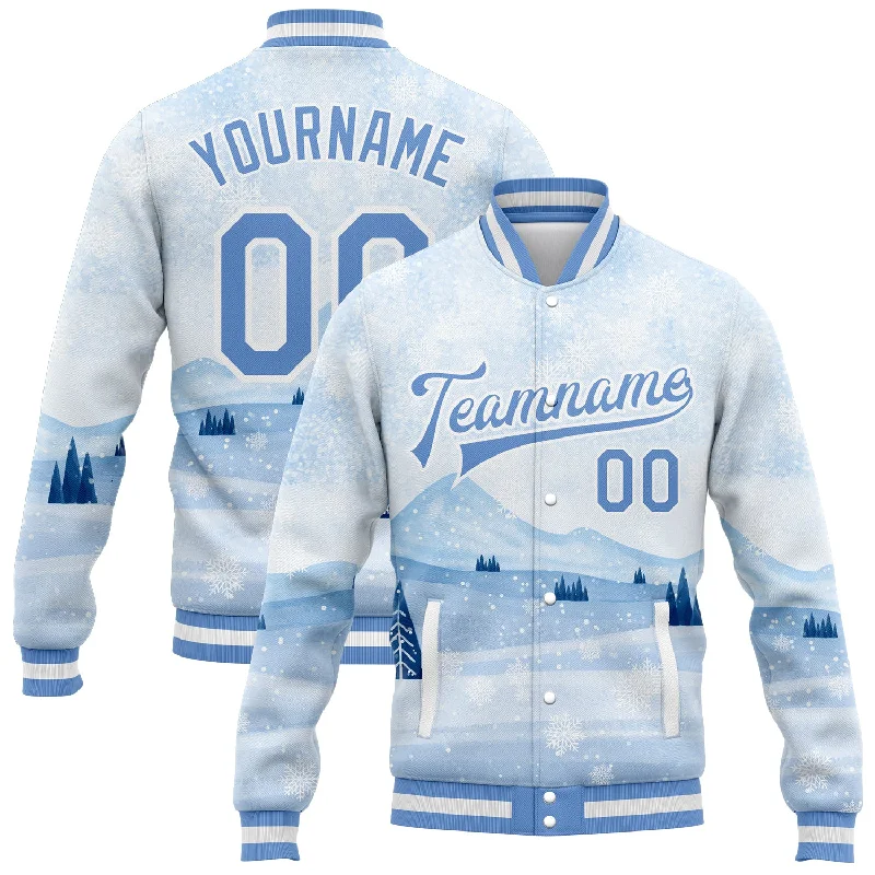 Contemporary Gender-Free Clothing Styles Imeless Style Custom White Light Blue Watercolor Winter Snow Landscape 3D Pattern Design Bomber Full-Snap Varsity Letterman Jacket