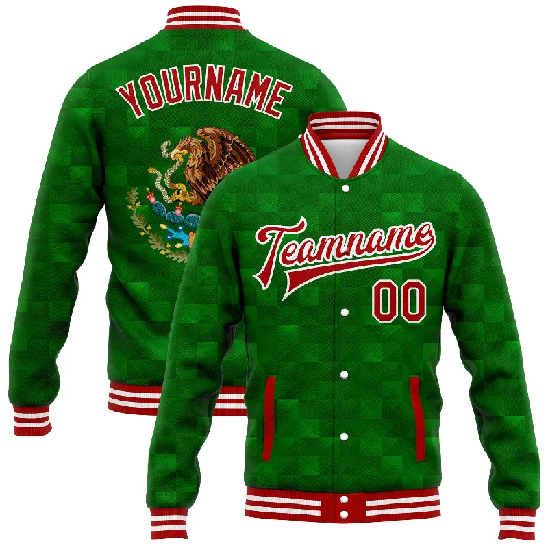 Oversized Unisex Apparel For Effortless Style Must-Have Style Discounts Custom Kelly Green Red-White Mexico 3D Bomber Full-Snap Varsity Letterman Jacket