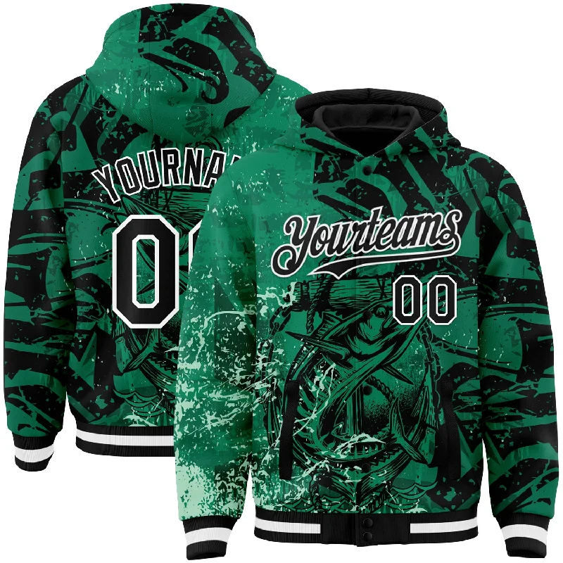 Bold And Trendy Gender-Neutral Outfits Chic Style, Always In Vogue Custom Kelly Green Black-White Barracuda Fish Fishing 3D Bomber Full-Snap Varsity Letterman Hoodie Jacket