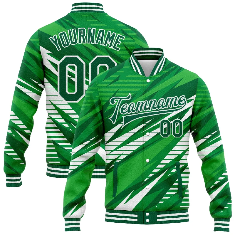 Oversized Unisex Fashion Pieces Luxury Fashion Custom Kelly Green White 3D Pattern Design Bomber Full-Snap Varsity Letterman Jacket