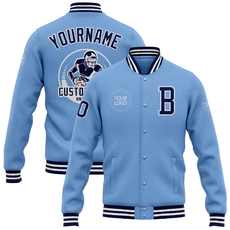 Gender-Neutral Fashion For Everyday Style Laid-Back Fashion Offers Custom Light Blue Navy-White Bomber Full-Snap Varsity Letterman Jacket