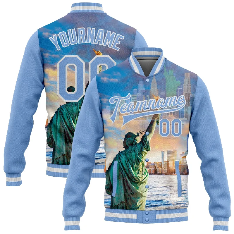 Versatile Unisex Layering Pieces Summer Fashion Custom Light Blue White Statue Of Liberty New York City Edition 3D Bomber Full-Snap Varsity Letterman Jacket