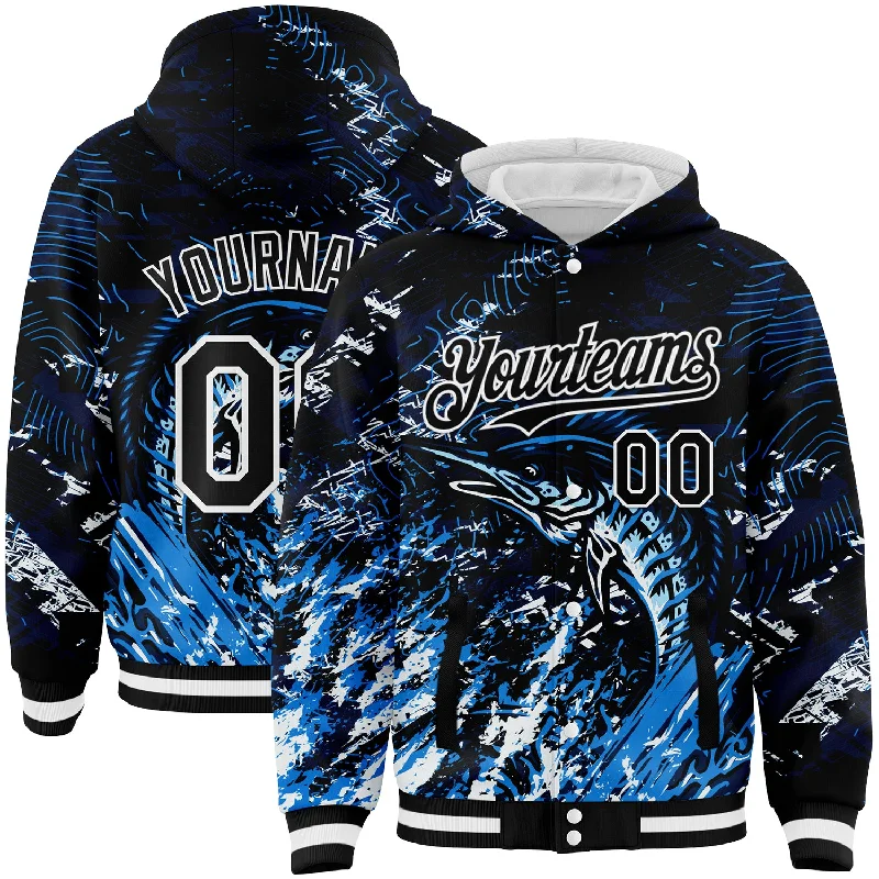 Urban-Inspired Unisex Fashion Pieces Dive Into Trendy Styles Custom Navy Black-White Marlin Fish Fishing 3D Bomber Full-Snap Varsity Letterman Hoodie Jacket