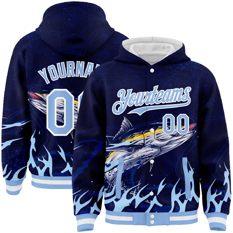 Sleek And Comfortable Unisex Wear Special Offer Custom Navy Light Blue-White Tuna Fish Fishing 3D Bomber Full-Snap Varsity Letterman Hoodie Jacket