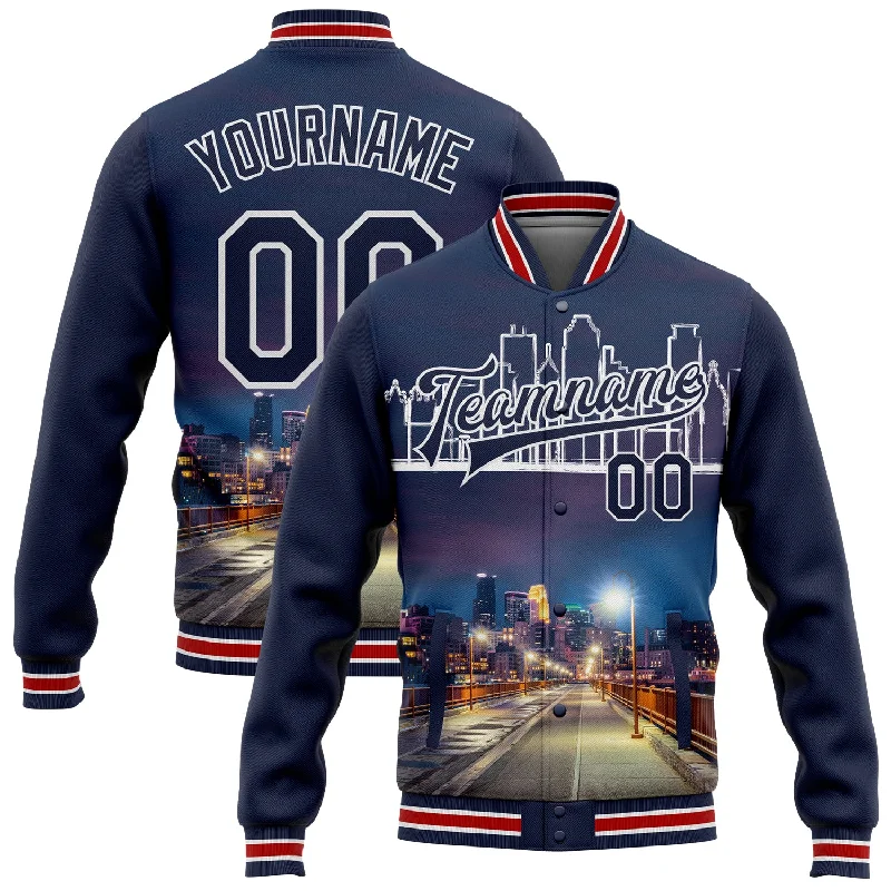 Sleek And Contemporary Gender-Free Outfits Latest Trends Custom Navy White Minneapolis Minnesota City Edition 3D Bomber Full-Snap Varsity Letterman Jacket