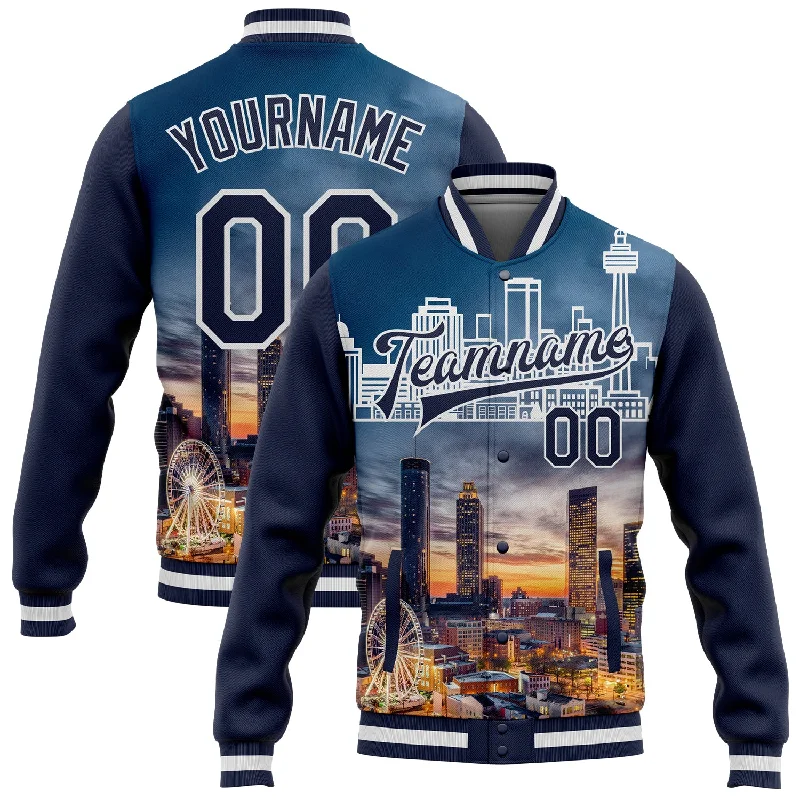 Gender-Neutral Trendy Clothing Styles Seasonal Fashion Custom Navy White Atlanta Georgia City Edition 3D Bomber Full-Snap Varsity Letterman Jacket