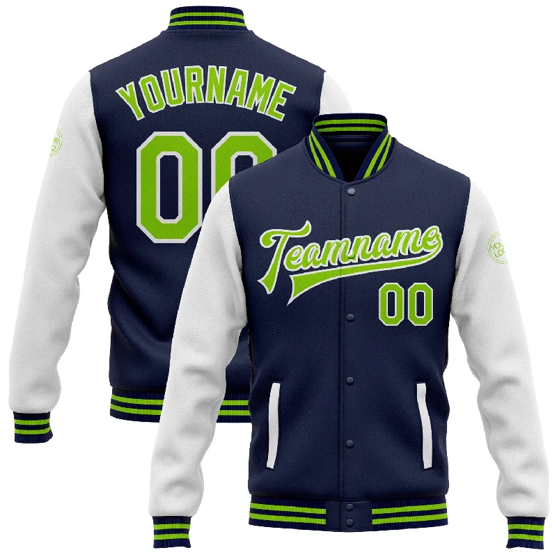 Urban-Inspired Unisex Fashion Pieces Special Offers, Don't Miss Custom Navy Neon Green-White Bomber Full-Snap Varsity Letterman Two Tone Jacket