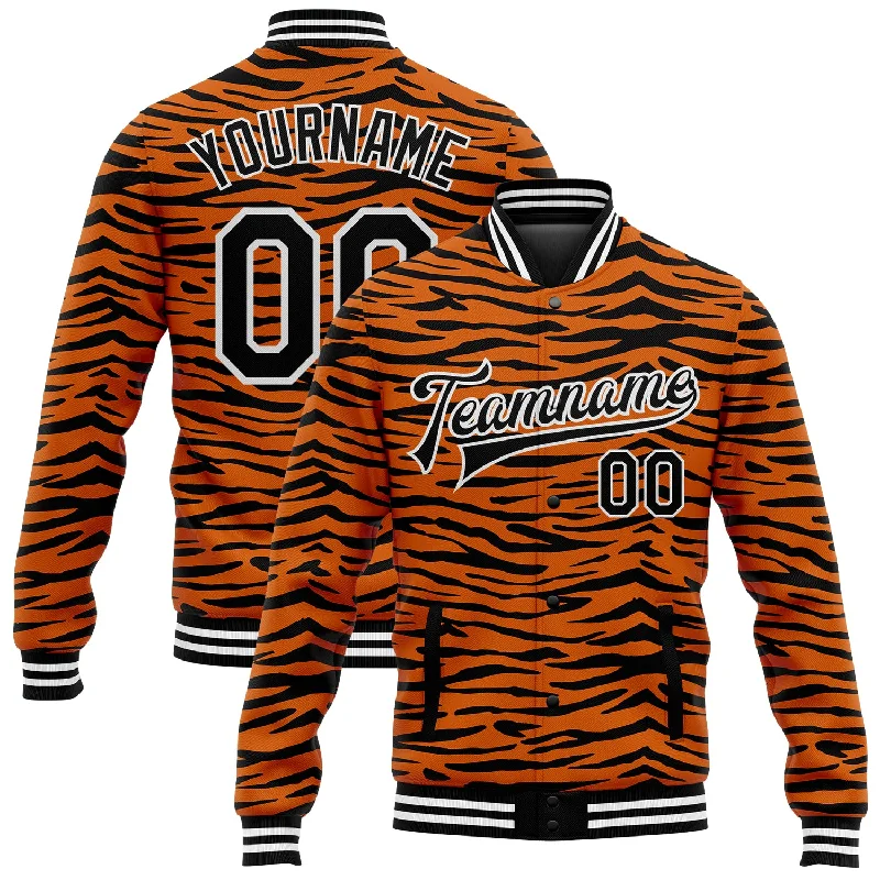 Versatile Gender-Free Wardrobe Essentials Fashion Frontiers Custom Orange Black-White Tiger Stripes 3D Pattern Design Bomber Full-Snap Varsity Letterman Jacket