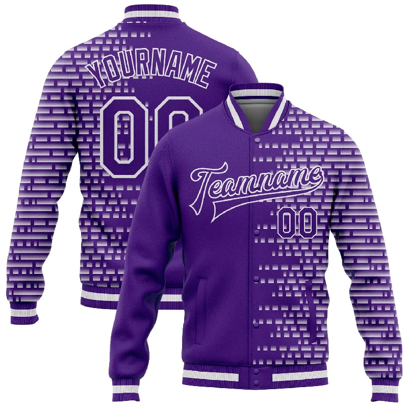 Versatile Clothing For All Genders Hot Picks Custom Purple White Halftone 3D Pattern Design Bomber Full-Snap Varsity Letterman Jacket