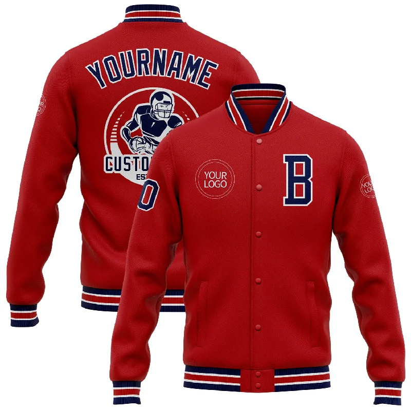 Soft And Breathable Unisex Loungewear Street Chic Discounts Custom Red Navy-White Bomber Full-Snap Varsity Letterman Jacket