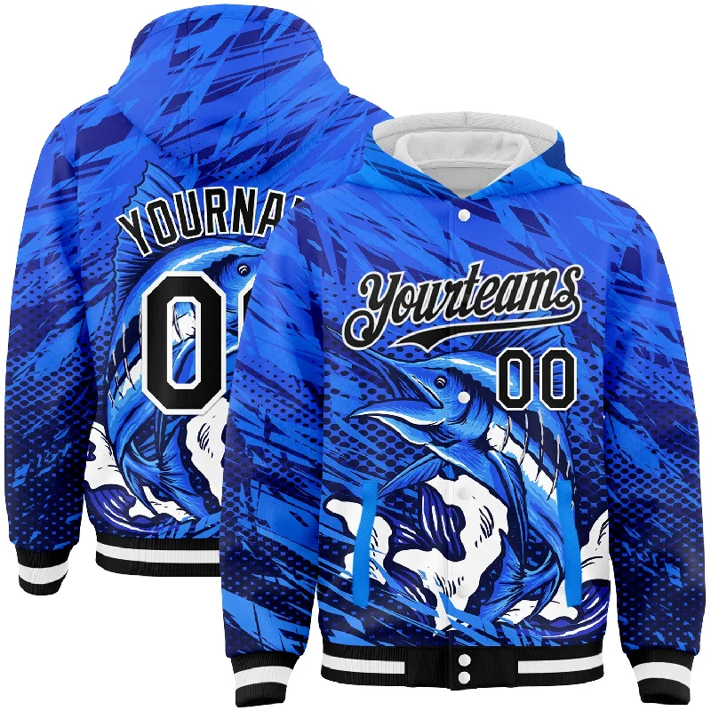 Modern Unisex Wardrobe Staples Fashion Forward Femininity Custom Royal Black-White Marlin Fish Fishing 3D Bomber Full-Snap Varsity Letterman Hoodie Jacket