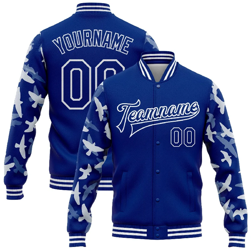 Versatile And Stylish Unisex Apparel Mega Sales Custom Royal White Flying Bird Sleeves 3D Pattern Design Bomber Full-Snap Varsity Letterman Jacket