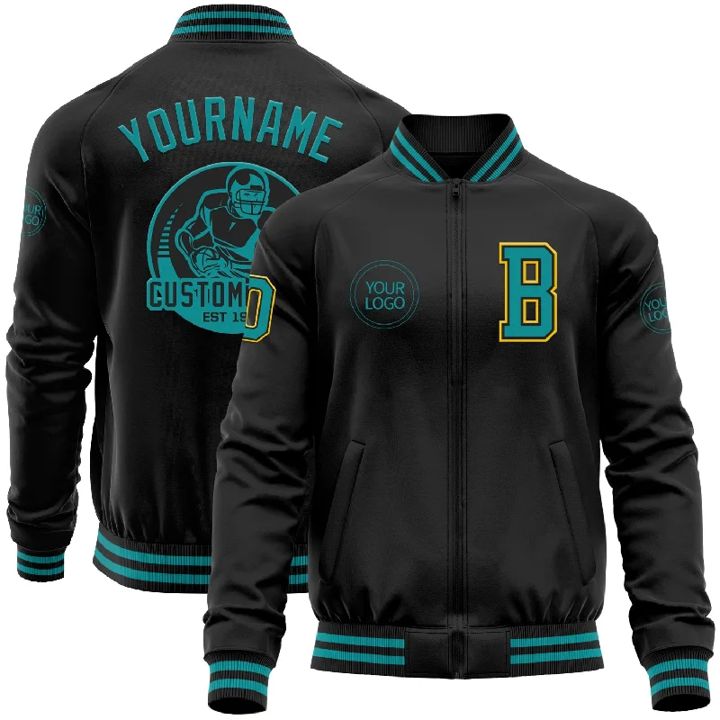 Breathable And Lightweight Unisex Wear End Of Season Sale Custom Black Teal-Yellow Bomber Varsity Letterman Zipper Jacket